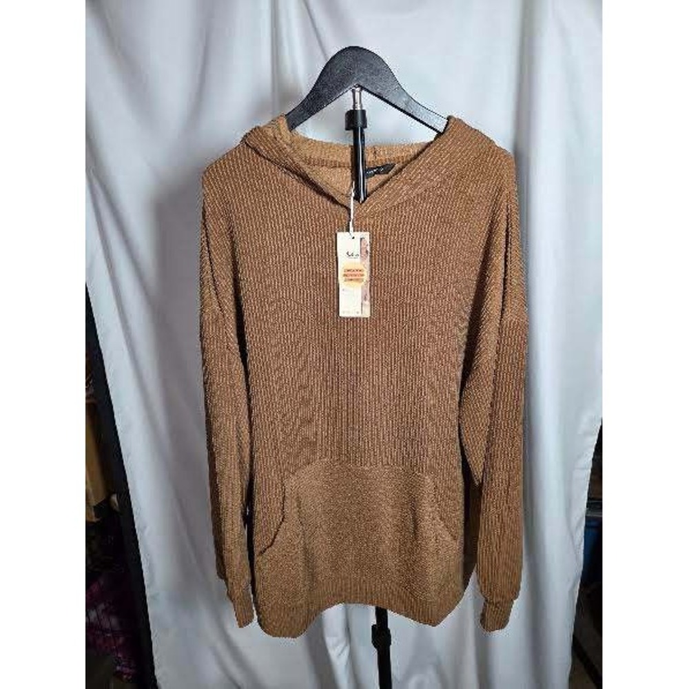 Dokotoo Womens Ribbed Knit Hoodie Sweater Camel Brown Kangaroo Pocket XL NEW